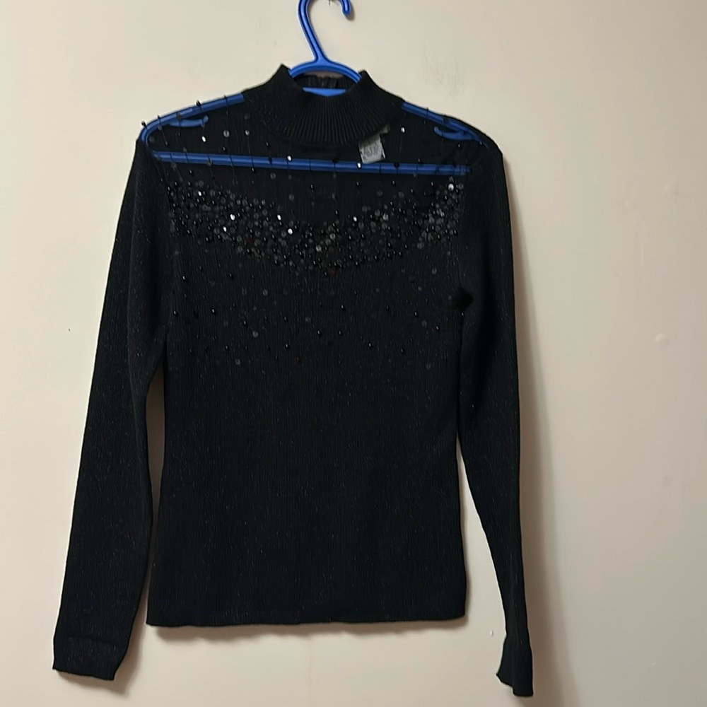1 Once Again black sweater mesh neckline  sequin beads trim sparkles  size L